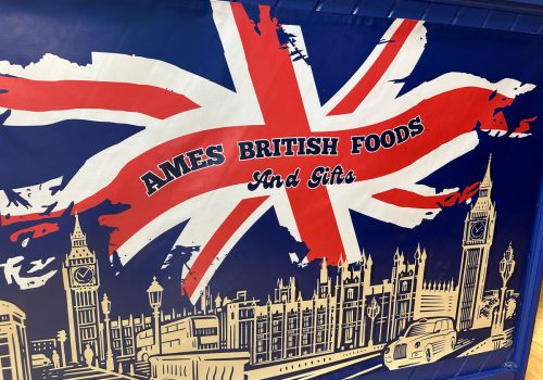 Close up of "Ames British Foods and Gifts" printed logo